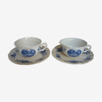 2 cups lunch earthenware of sarreguemines blue flowers