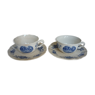 2 cups lunch earthenware of sarreguemines blue flowers