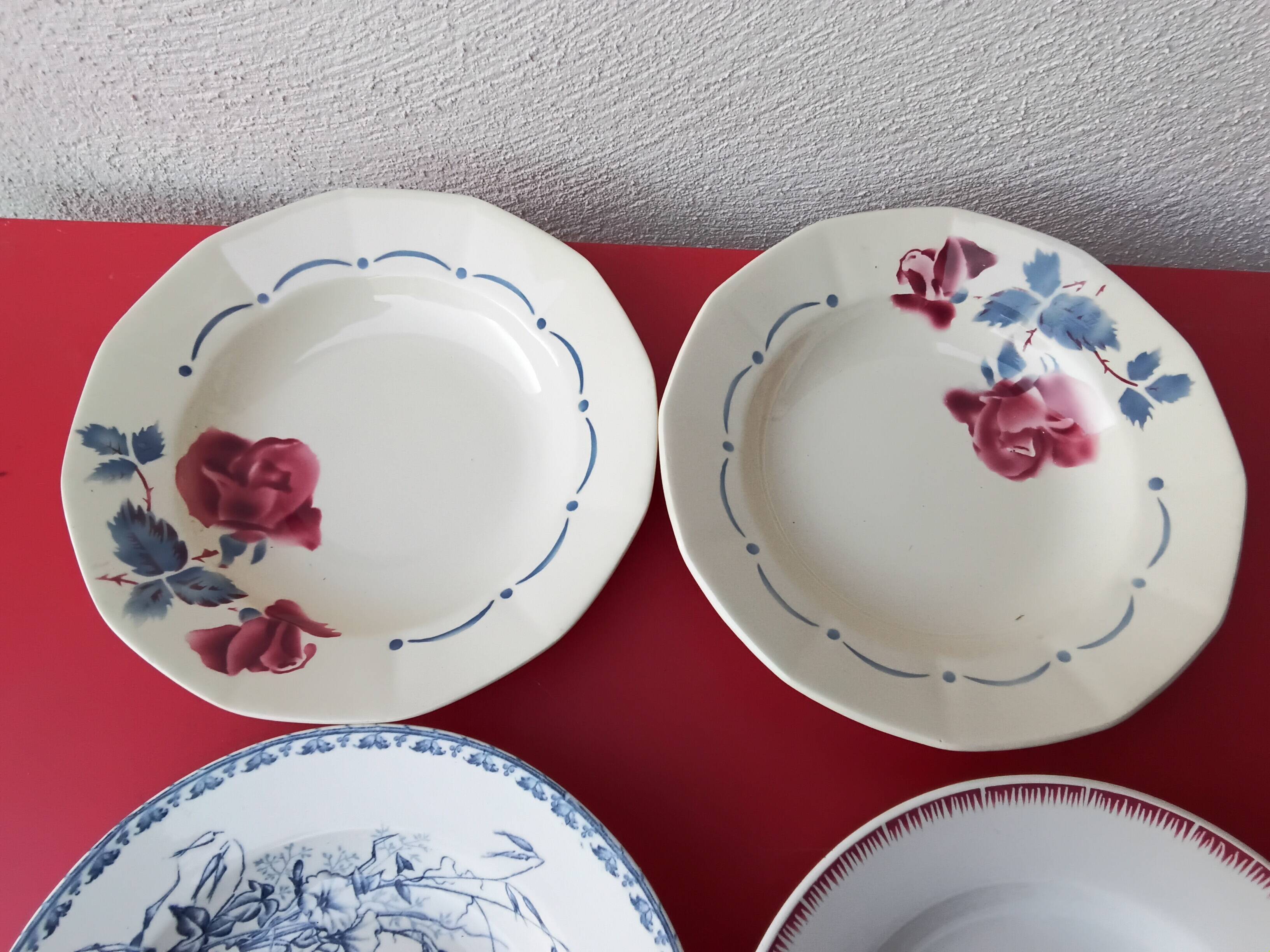 Set of six mismatched antique soup plates