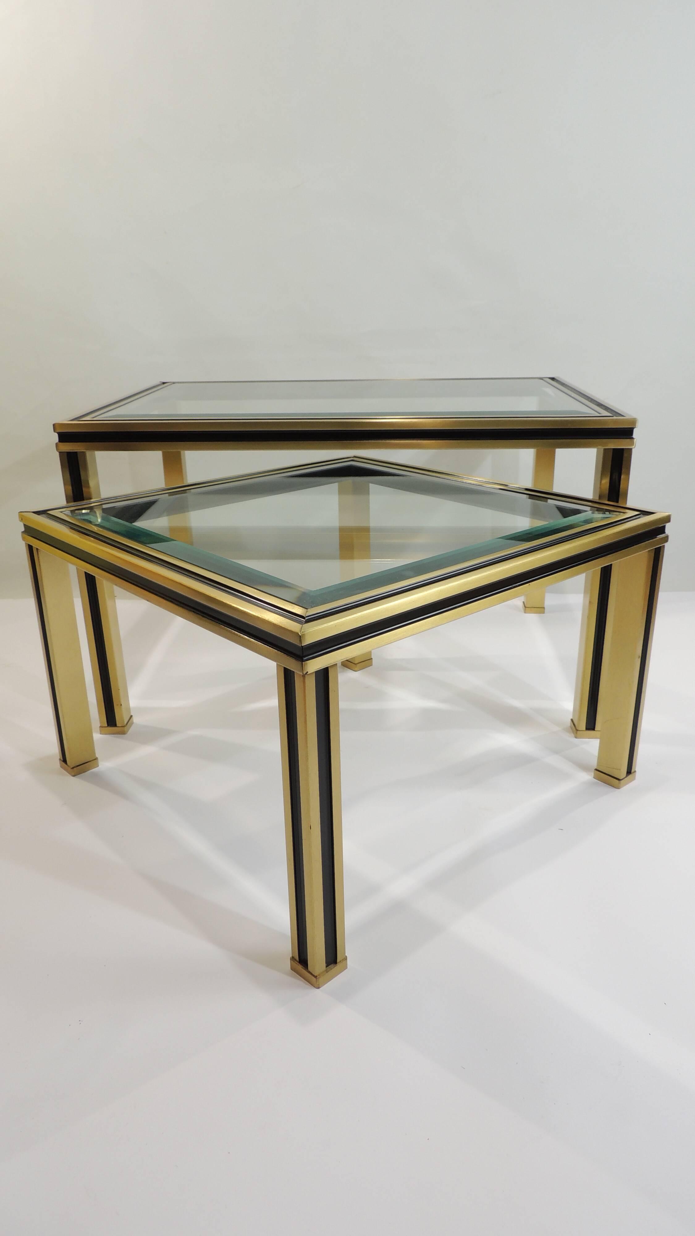 Set of Nesting Coffee Tables in Gold Metal & Beveled Glass by Pierre Vandel