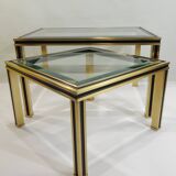 Set of Nesting Coffee Tables in Gold Metal & Beveled Glass by Pierre Vandel