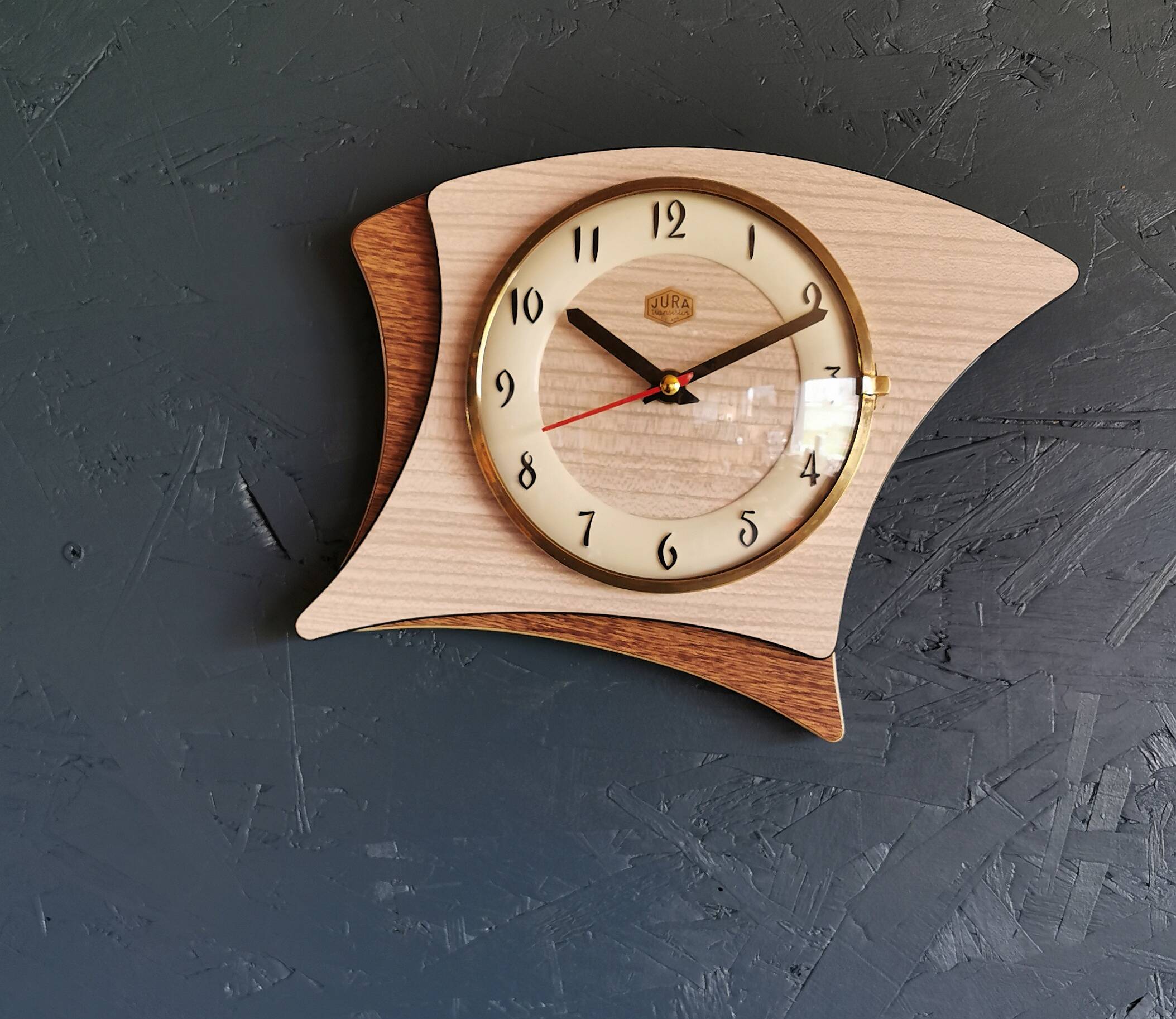Vintage formica clock silent asymmetrical wall pendulum "Jura bois"
