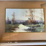 Old oil color landscape + vintage white wood frame