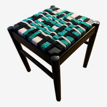 Vintage stool in black wood restyled seat weaving of colored rope