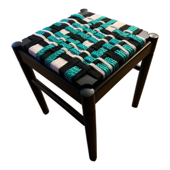 Vintage stool in black wood restyled seat weaving of colored rope