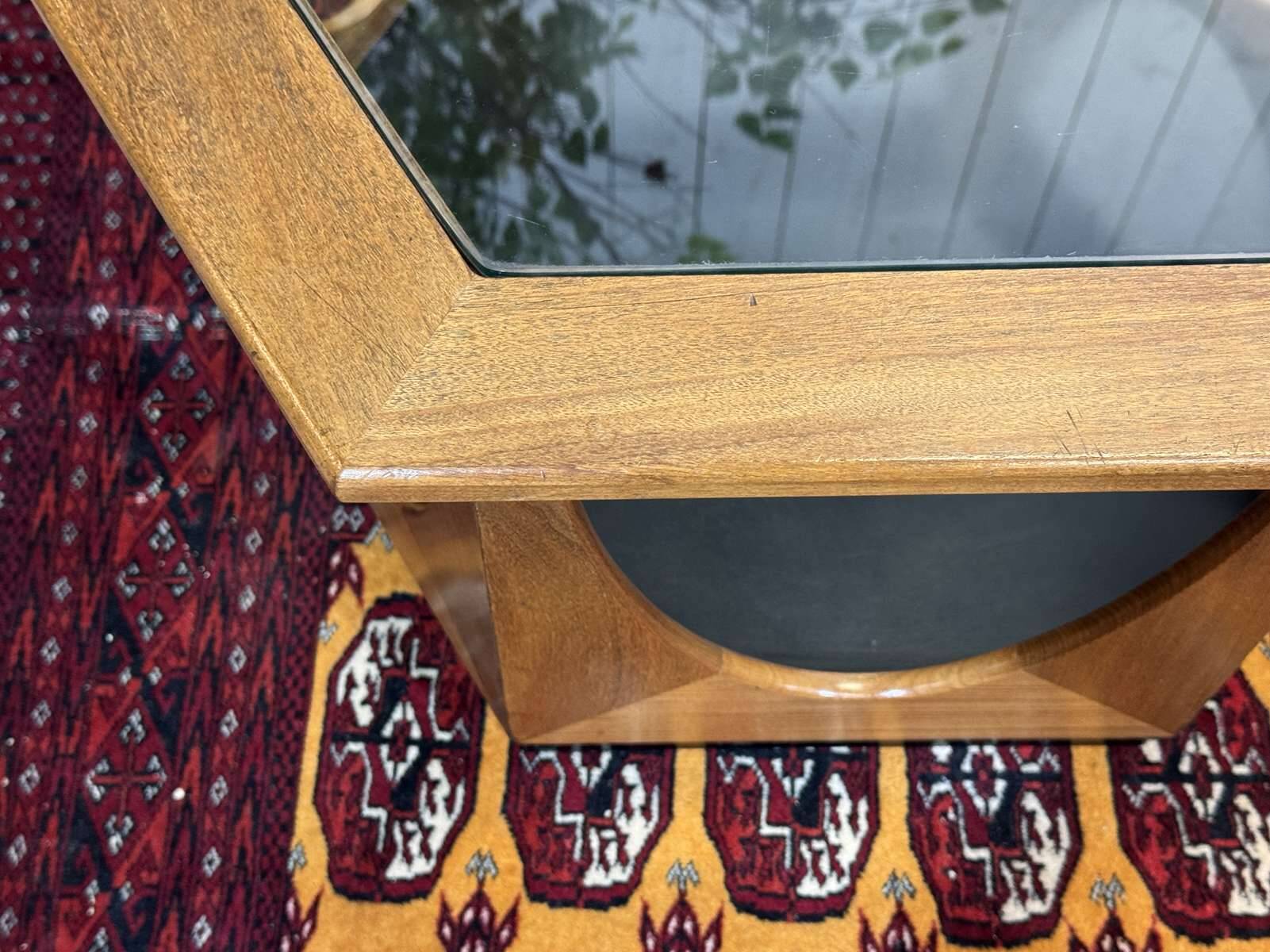 1970s octagonal GPlan gueridon in teak with a glass top.
