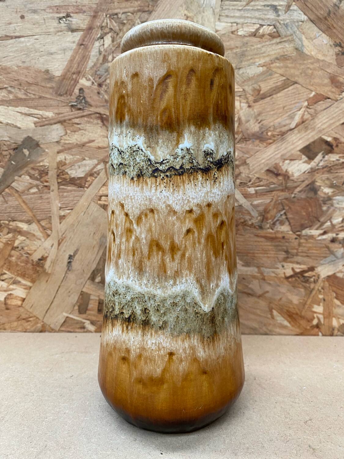 Antique ceramic roller vase beige brown west germany vintage