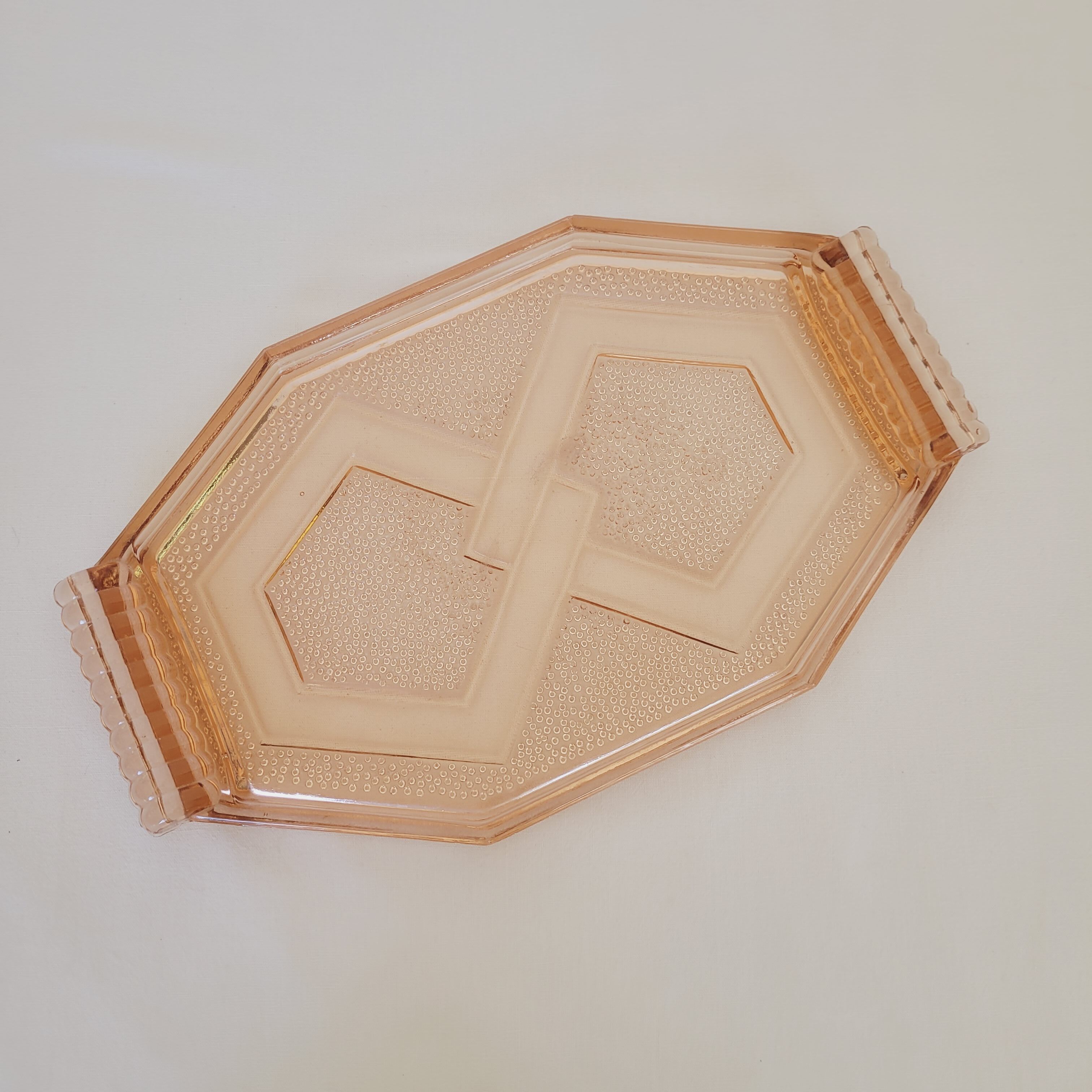 Pink glass liquor set carafe, glass and tray