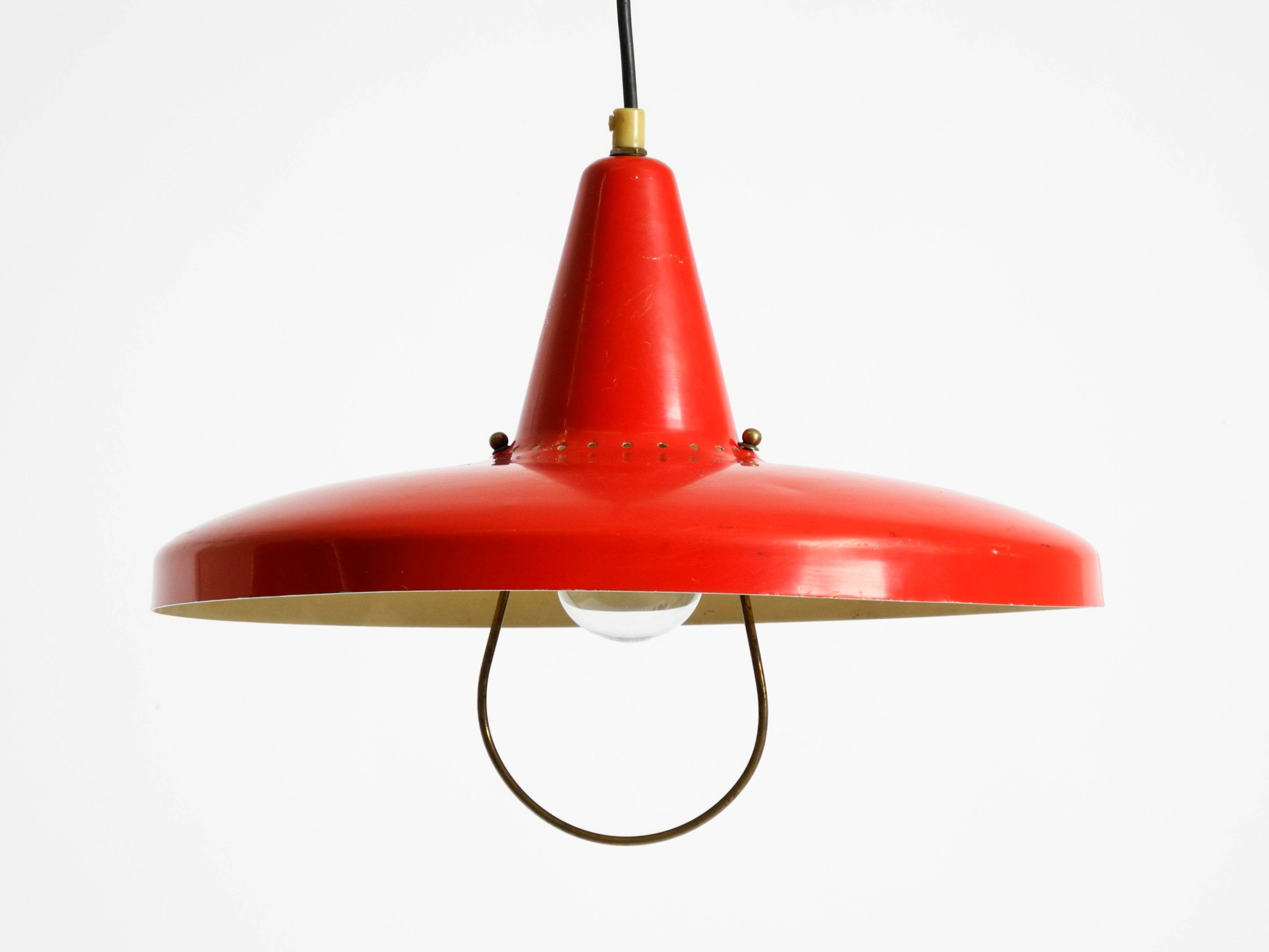 Mid-Century Modern red aluminum pendant lamp, height adjustable, Italy
