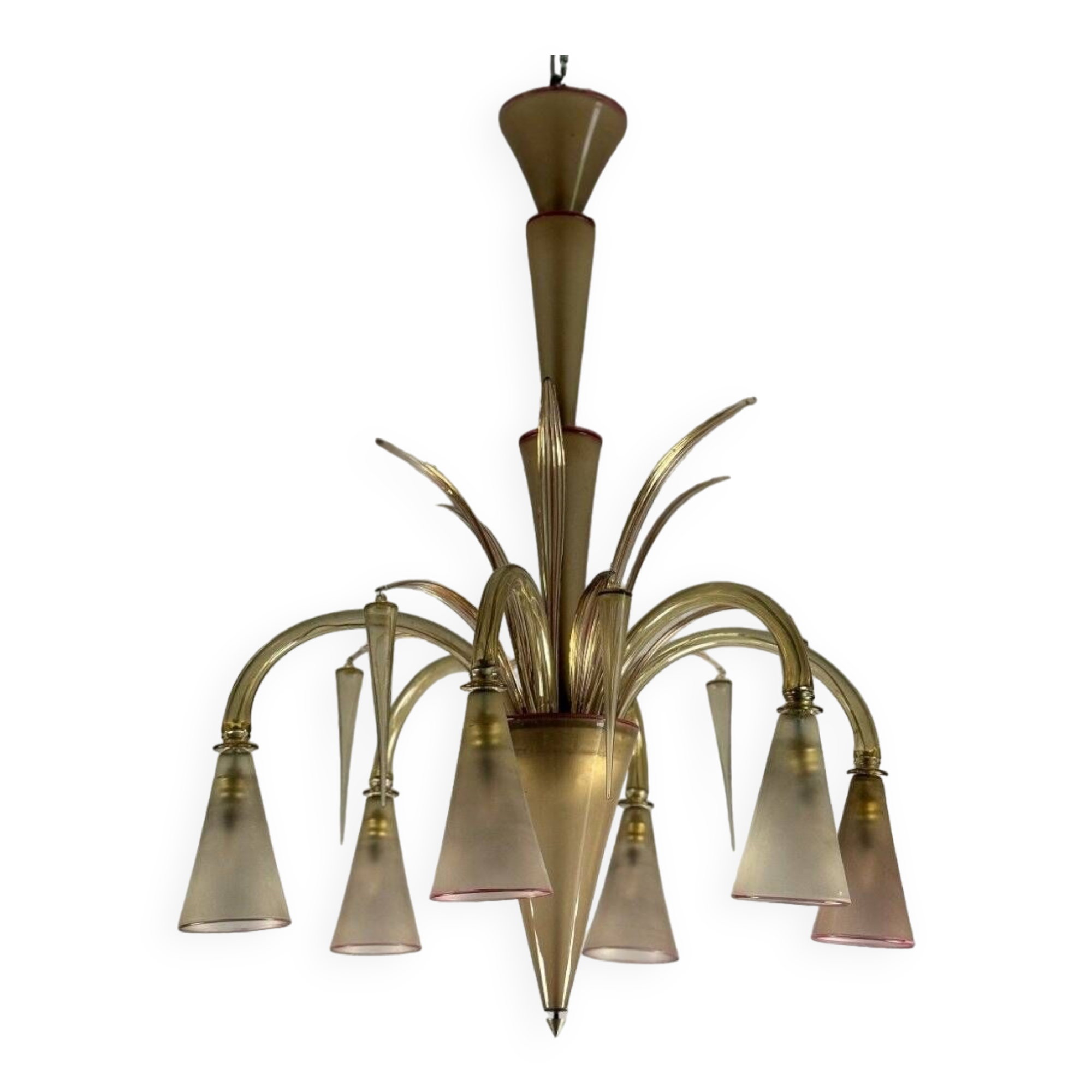 Venetian chandelier in beige/gray murano glass bordered with a red net