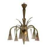 Venetian chandelier in beige/gray murano glass bordered with a red net