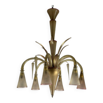 Venetian chandelier in beige/gray murano glass bordered with a red net