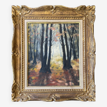 Tableau peinture ancienne paysage forêt début XXe