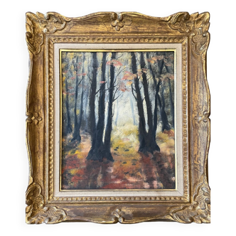 Tableau peinture ancienne paysage forêt début XXe