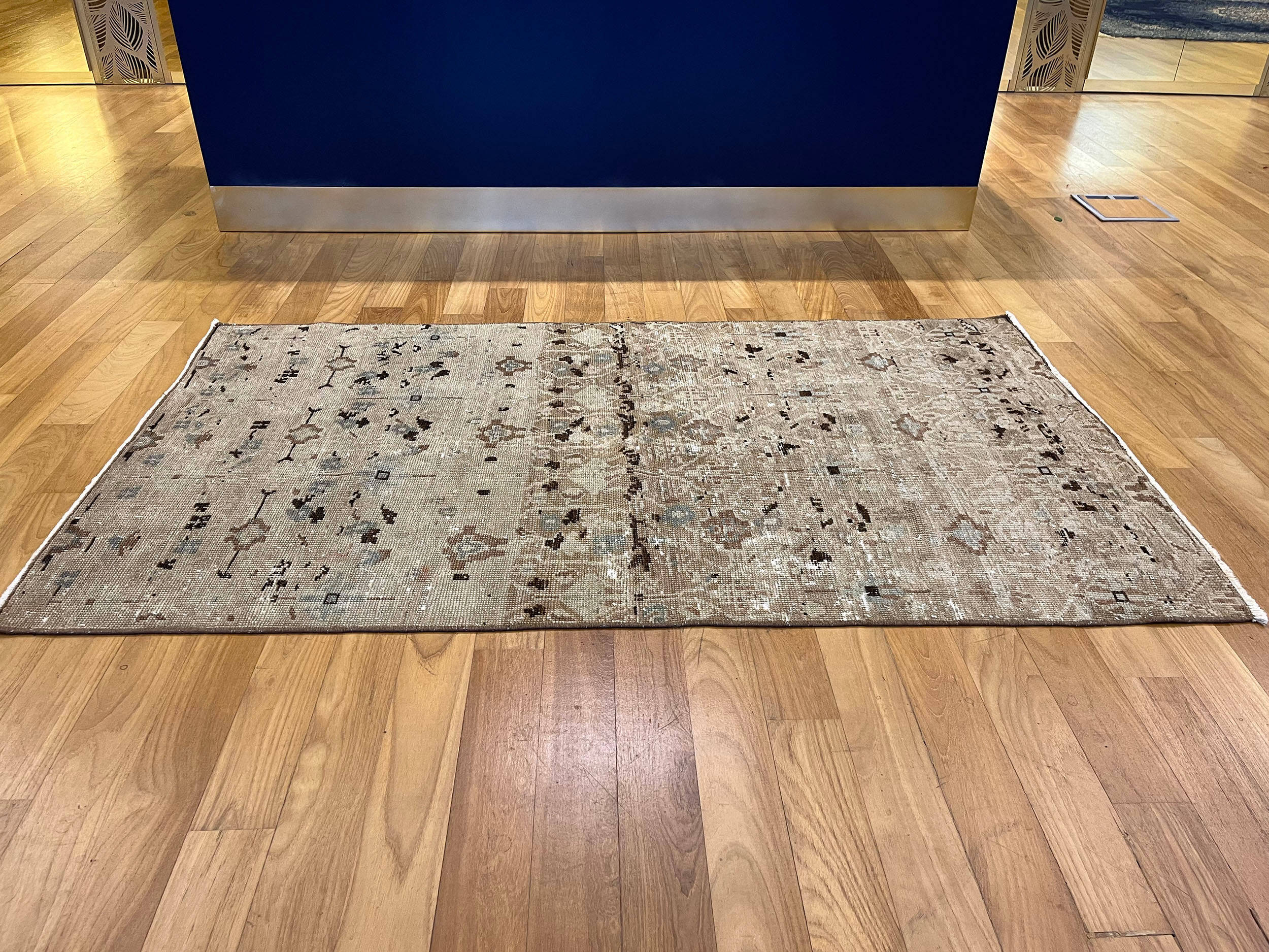 Unique aztec design muted handmade old rug