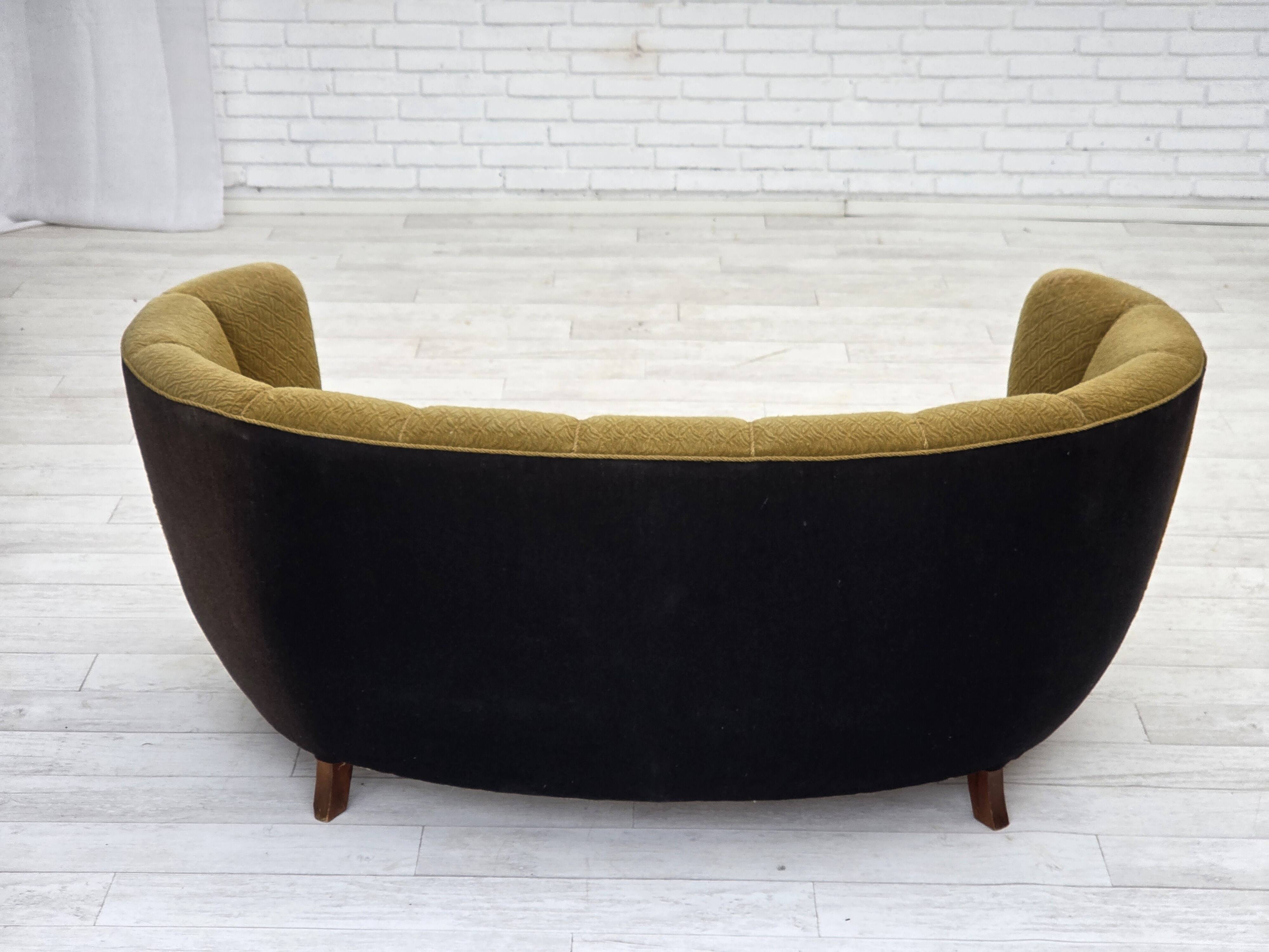 1960s, Danish 2-seater "Banan" sofa, green furniture wool, ash wood.