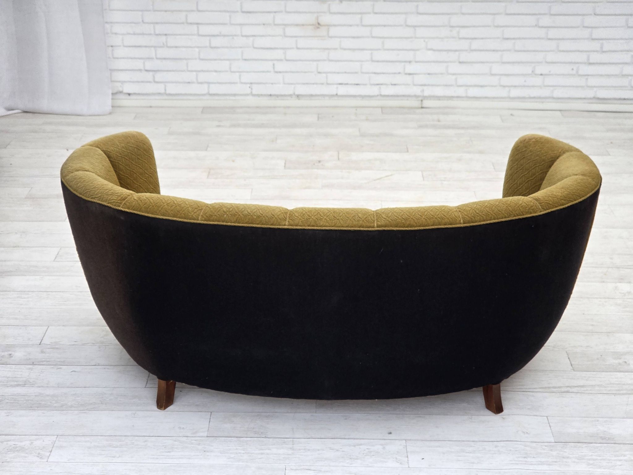 1960s, Danish 2-seater "Banan" sofa, green furniture wool, ash wood.