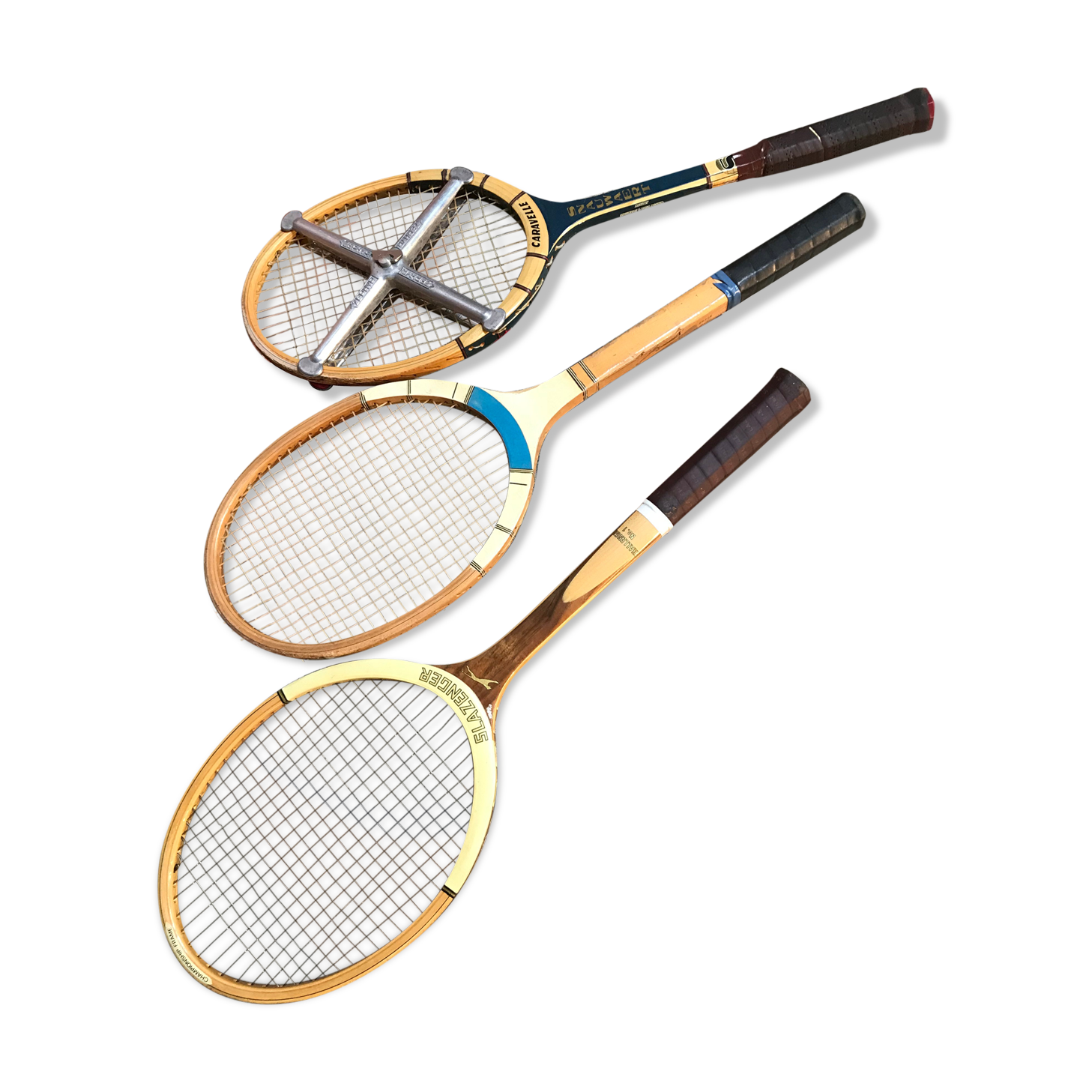 Set of 3 vintage tennis rackets with bag