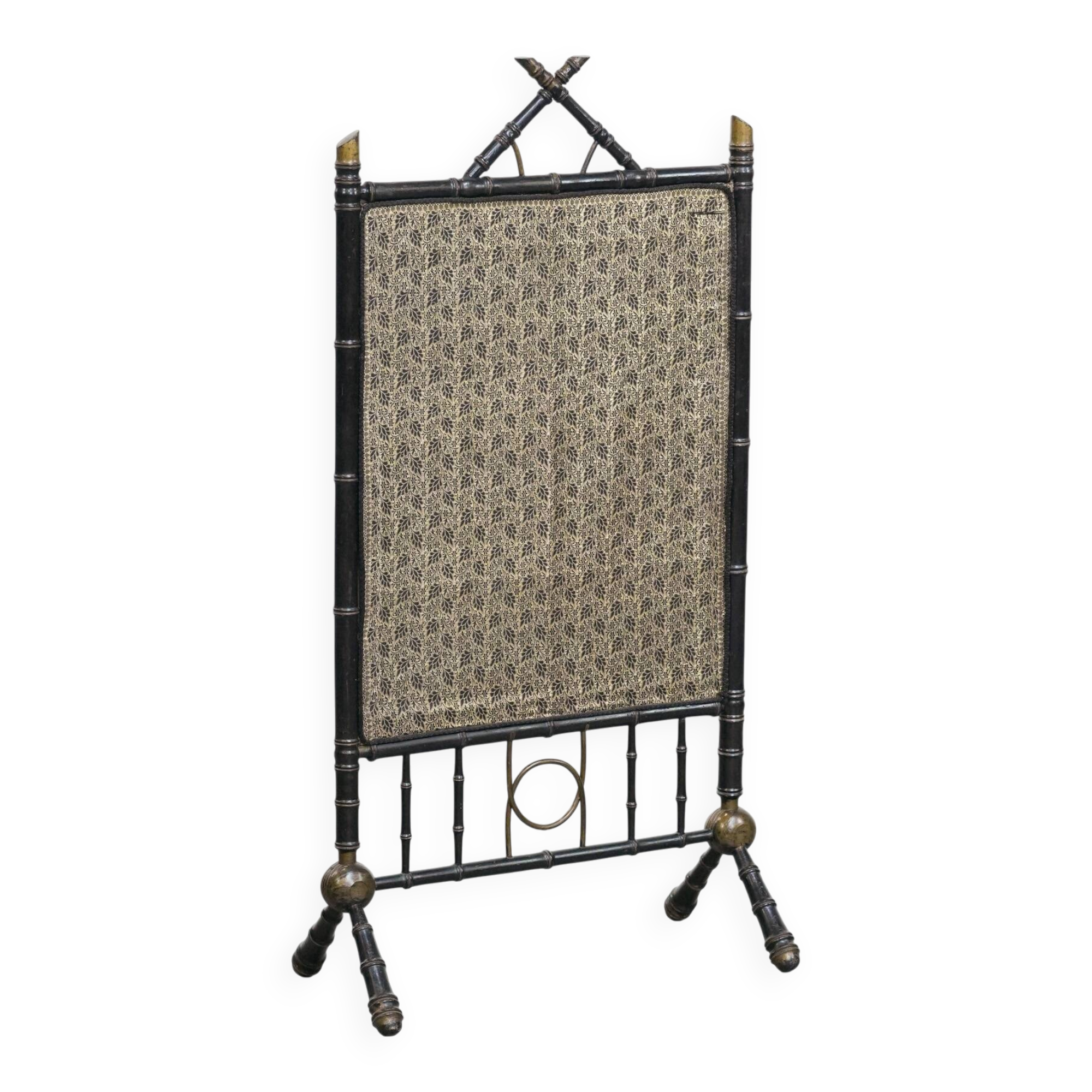 Antique French faux bamboo firescreen with luxurious fabric