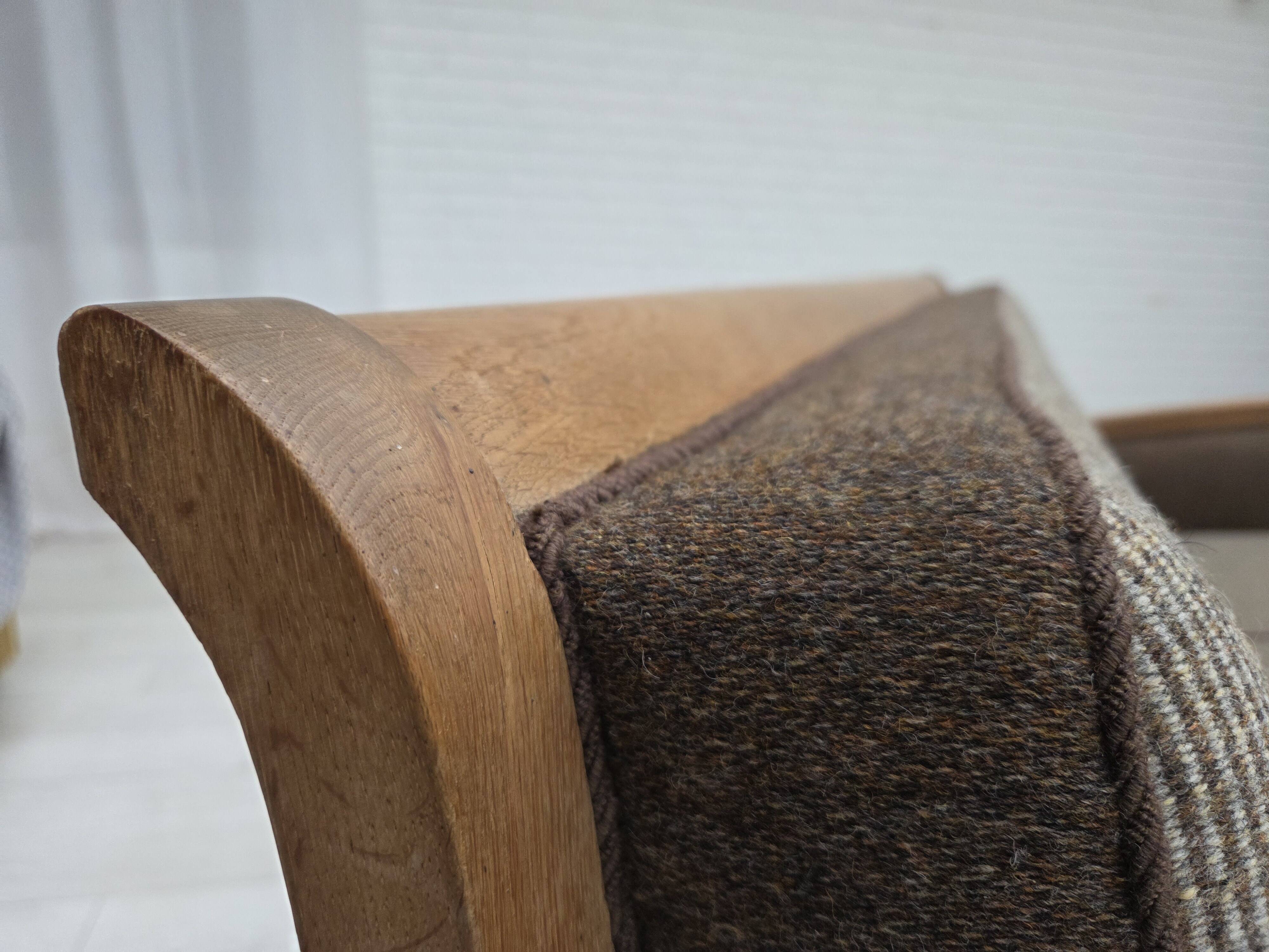 1950s, Danish 3-seater sofa, furniture wool, solid carved oak wood.