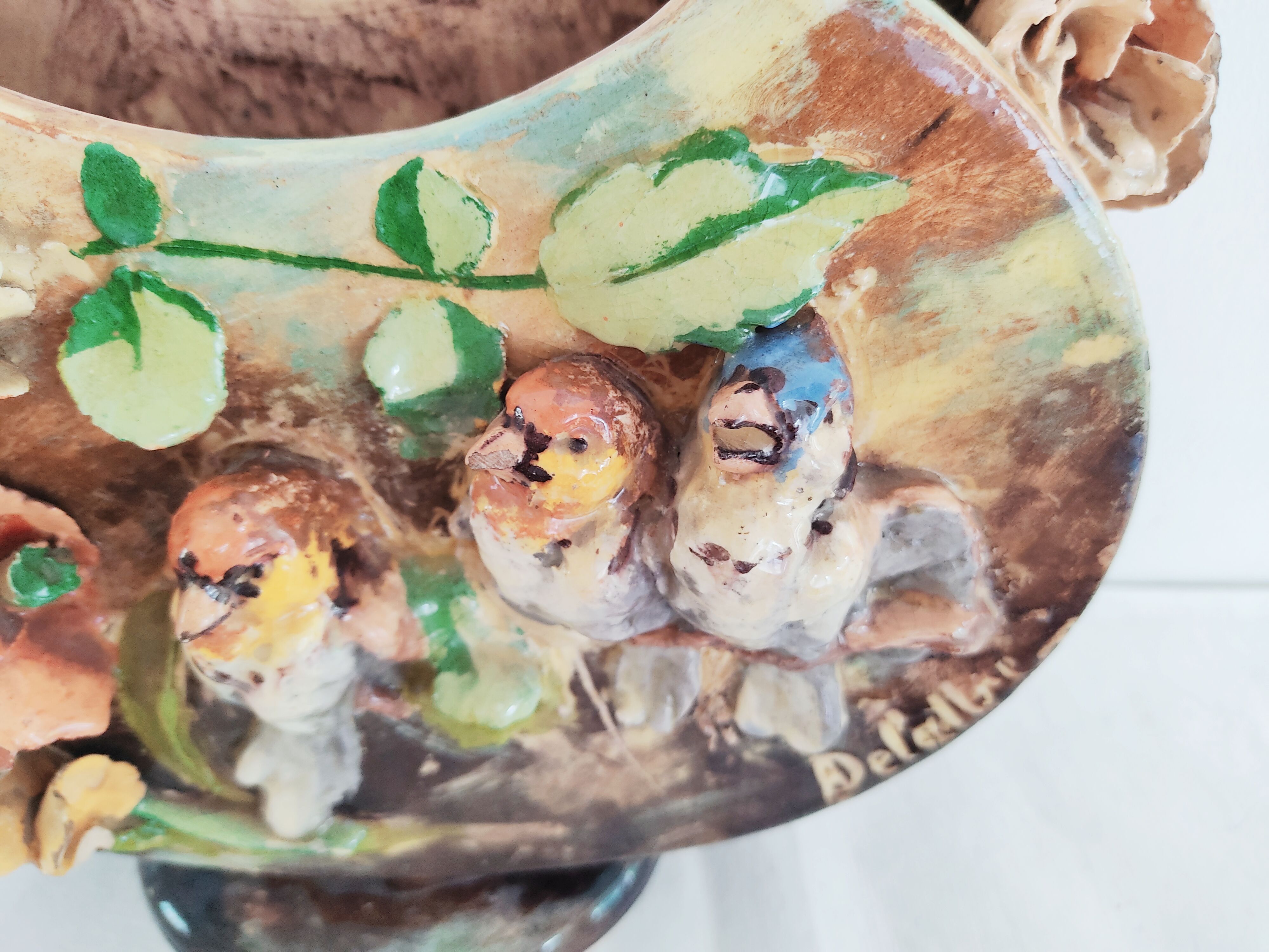 Vase with three birds in relief signed Delattre