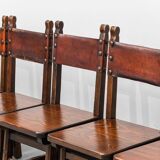Set of 6 dining chairs in wood and brown leather, late 19th century