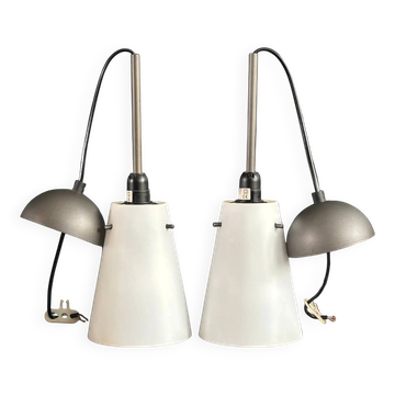 Pair of vintage conical pendant lights in perforated opaline.