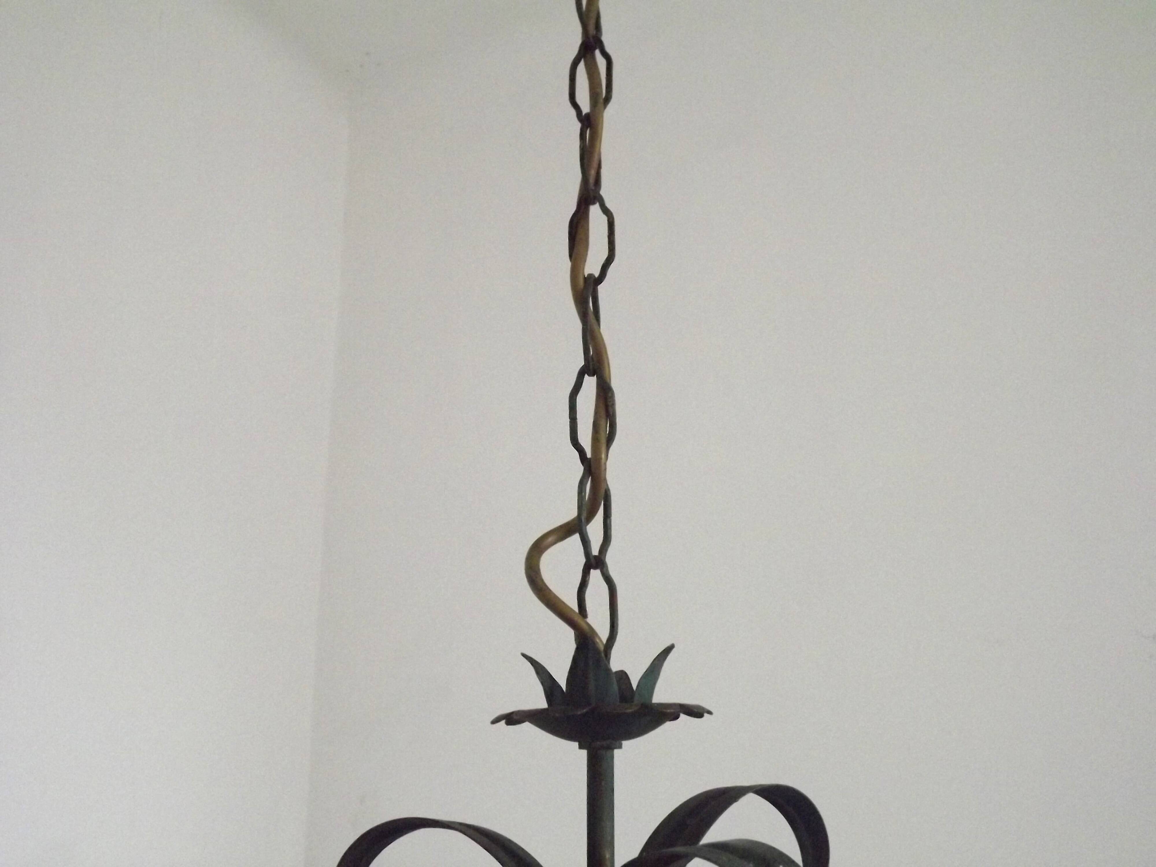 French vintage chandelier 3 lights green leaf amber glass 4966