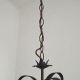 Vintage French Chandelier 3 Lights Green Leaves Amber Glass 4966
