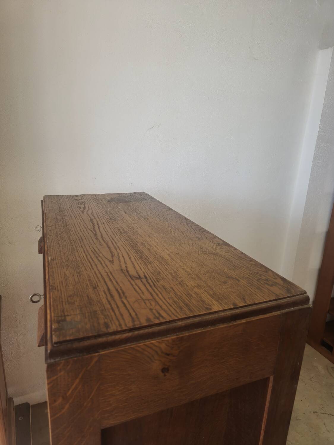 Antique 1950s double sliding door filing cabinet with curtains