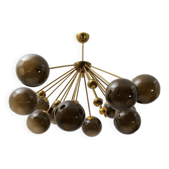 “Galaxy” Chandelier in Brass and Fumé Murano Glass