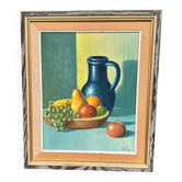 Huile sur toile originale suédoise – 'Nature morte avec fruits et cruche', artiste inconnu – Signée – Vintage et encadrée – 52 × 44 cm (20,4" × 17,3")
