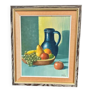 Original Swedish Oil on Canvas – 'Still Life with Fruits and Jug', Unknown Artist – Signed – Vintage and Framed – 52 × 44 cm (20.4" × 17.3")