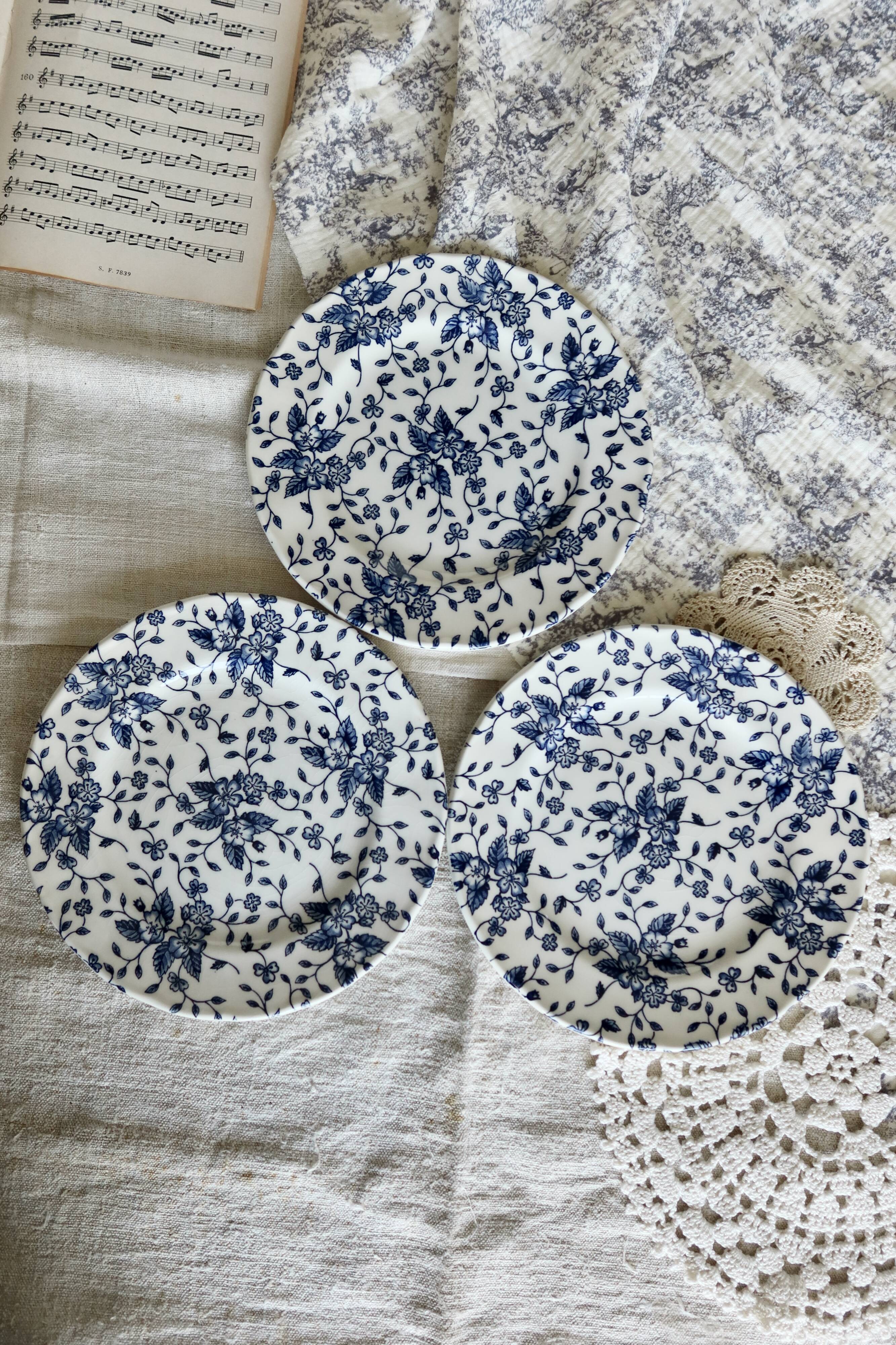 3 assiettes à dessert vintage anglaises Royal Tudor modèle bouquet bleu
