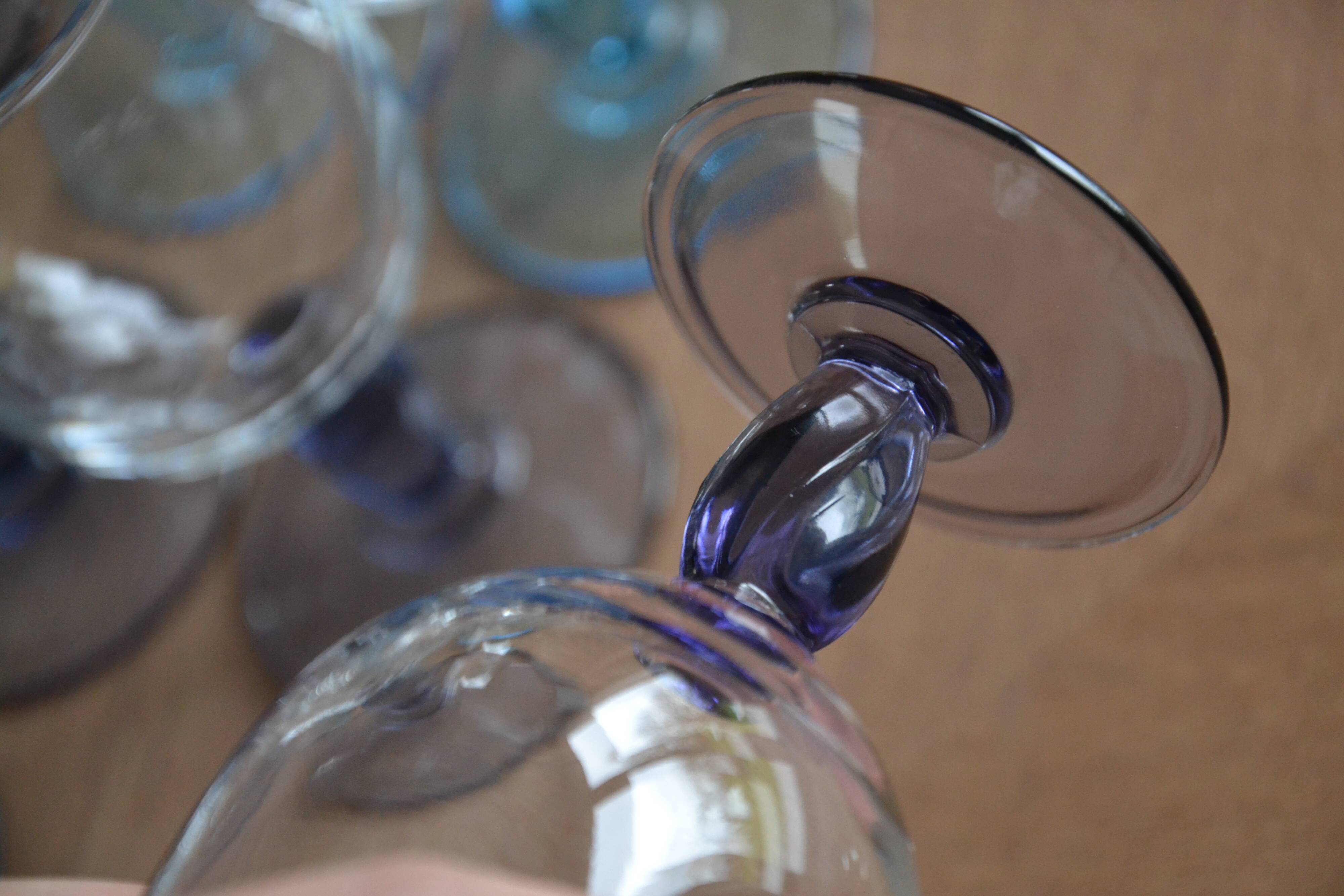 12 blue and purple stemmed glasses