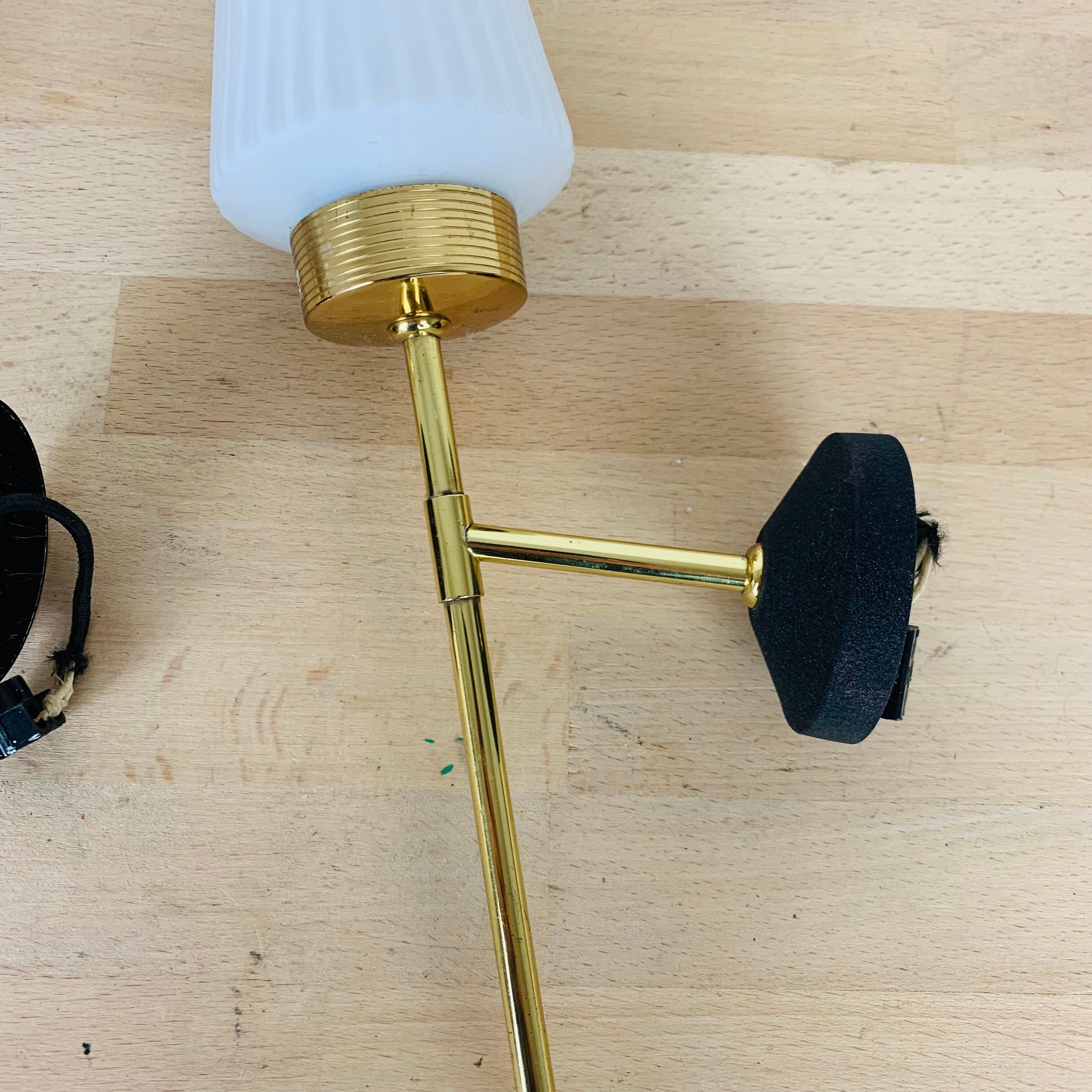 Pair of brass and opaline Lunel sconces, Arlus 50s