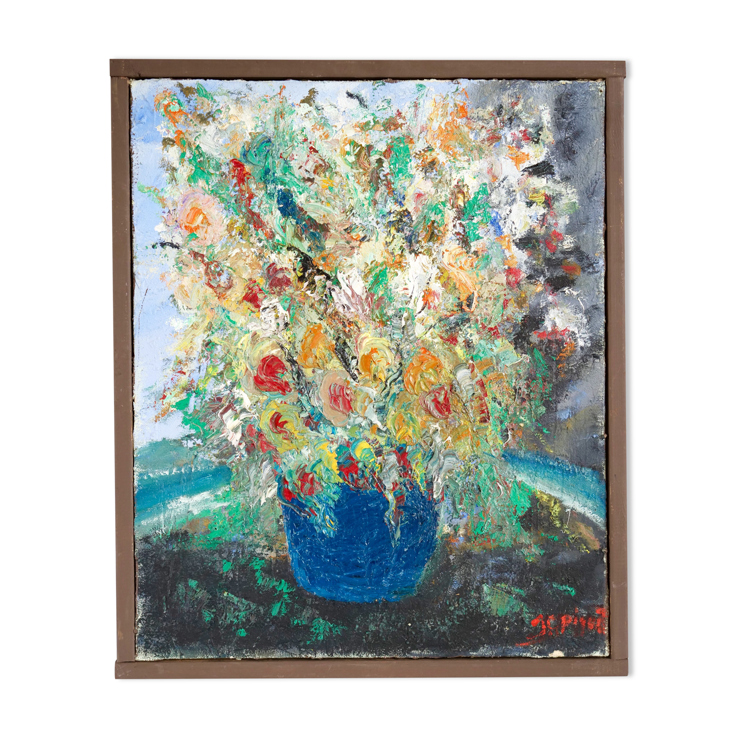 Expressionist painting bouquet floral oil on canvas JC Piquet