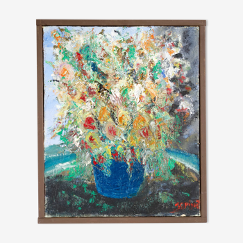 Tableau expressionniste bouquet fleuri huile sur toile JC Piquet