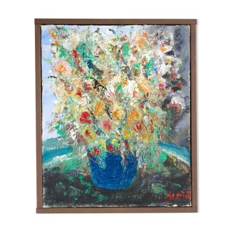 Tableau expressionniste bouquet fleuri huile sur toile JC Piquet