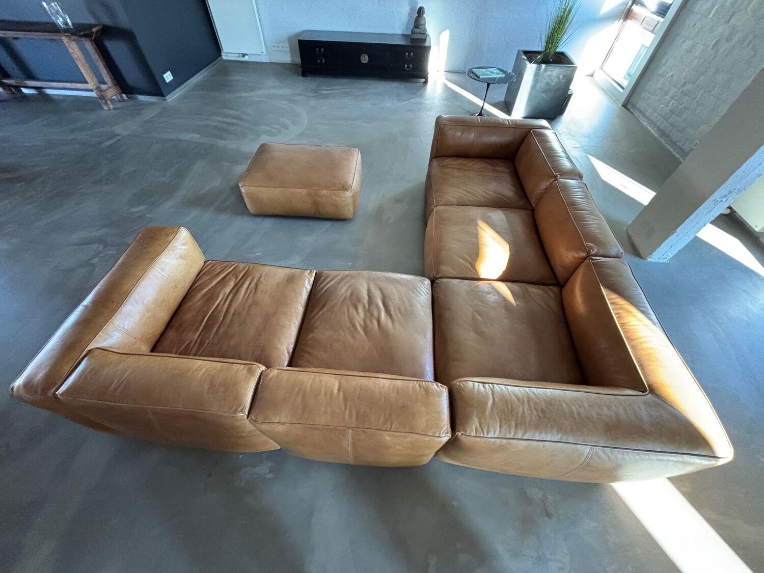 Modular corner sofa + pouf/ottoman in cognac Buffalo leather