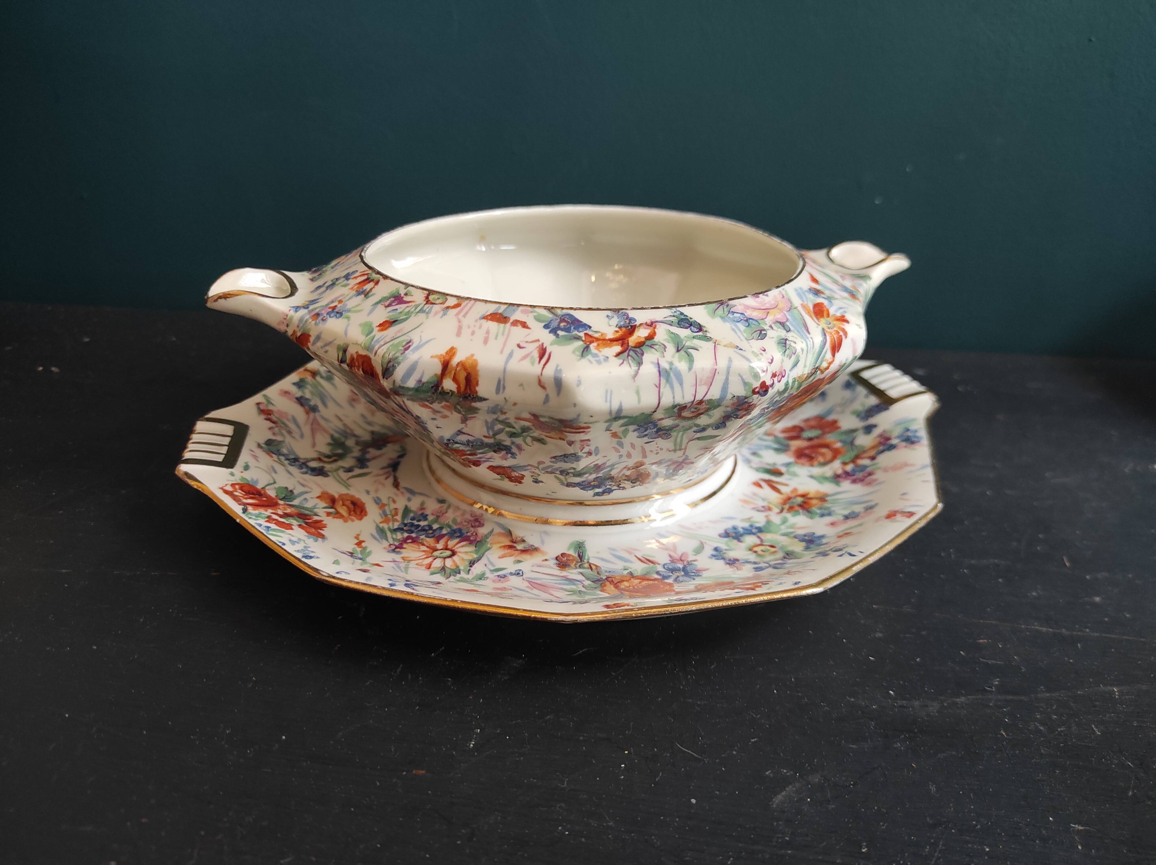 Vintage French serving sauce boat from La Tallec, Limoges, with colourful floral decoration