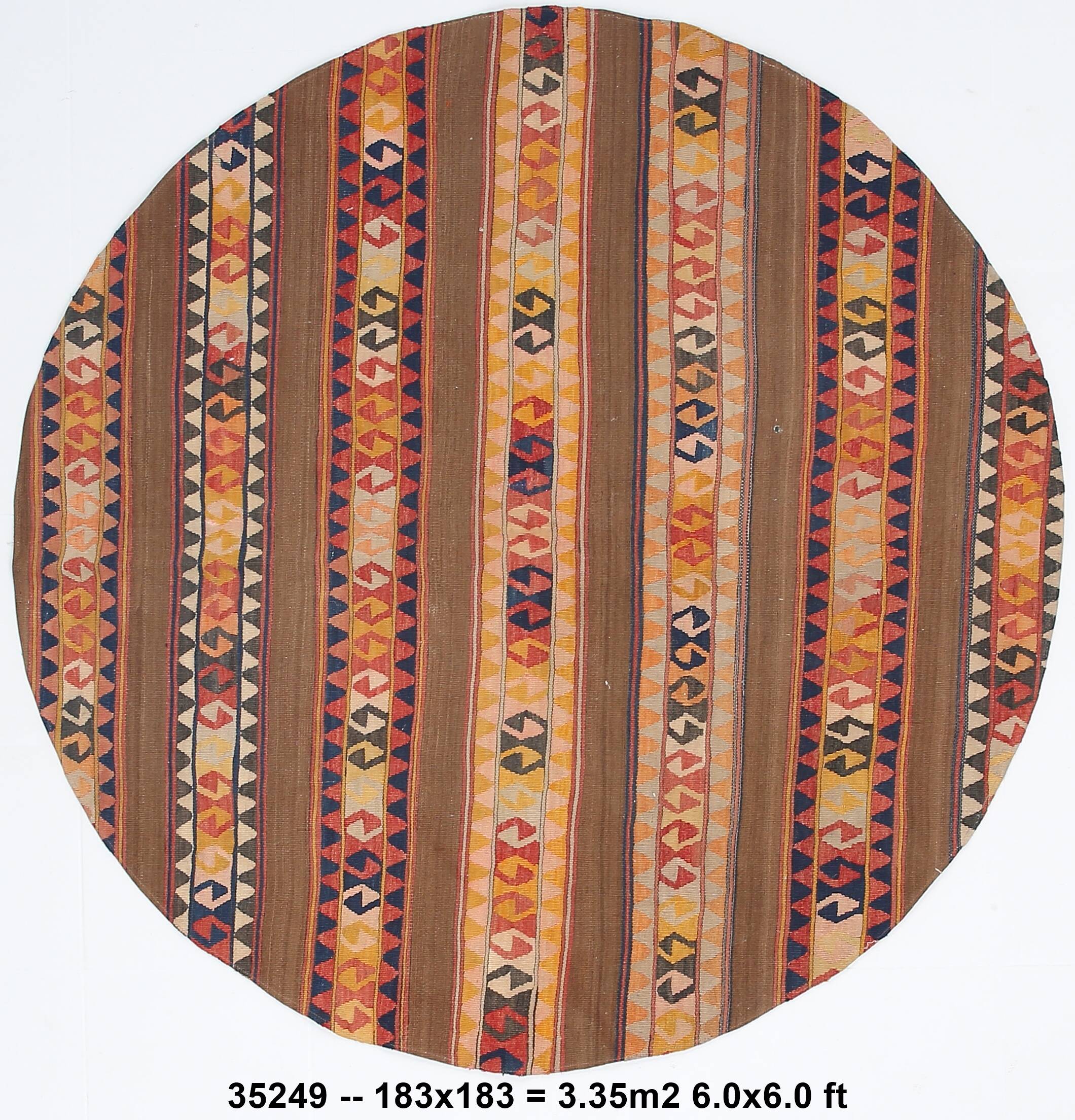 6x6 Orange & Brown Circle Striped Pattern Kilim Area Rug, 183x183Cm