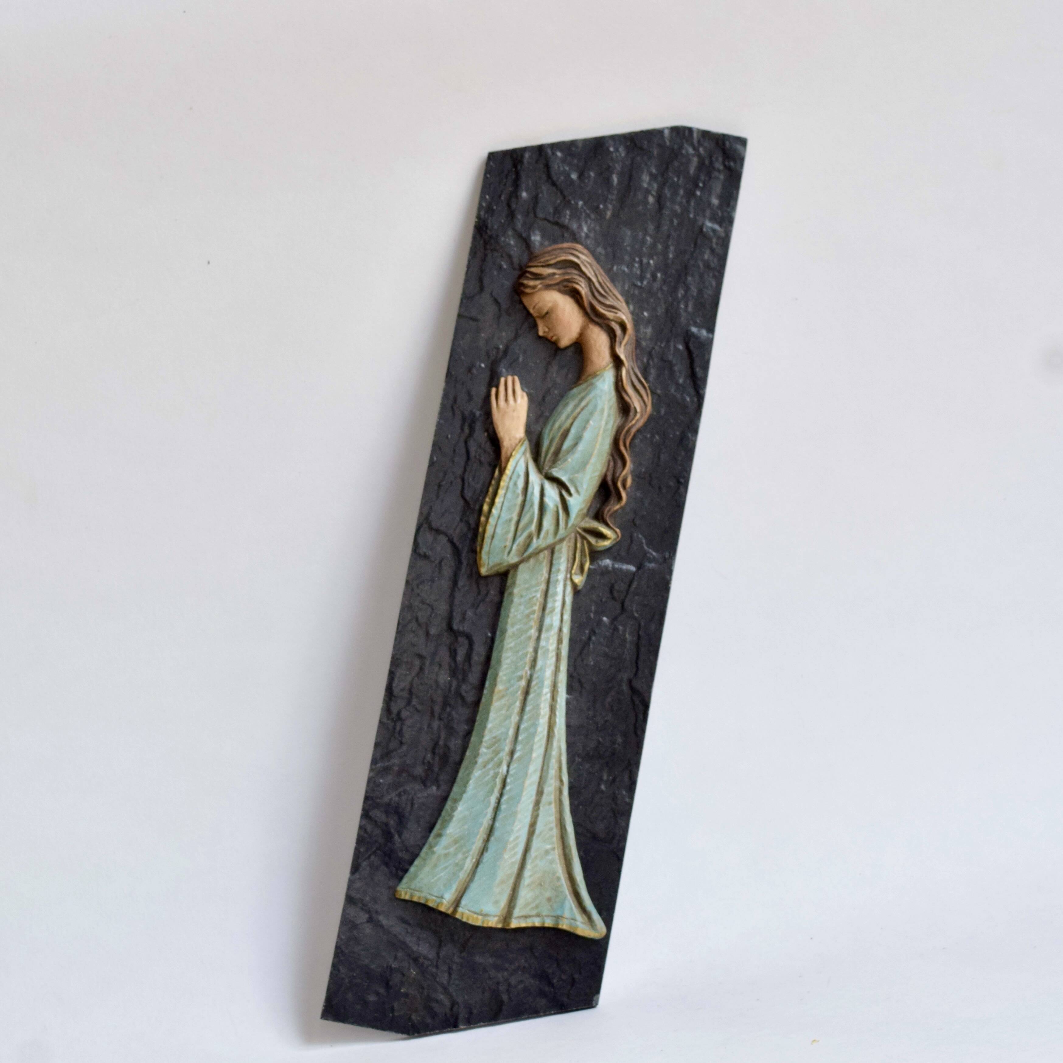 Religious slate wall plaque - hand-painted carved wood overprint - 1970
