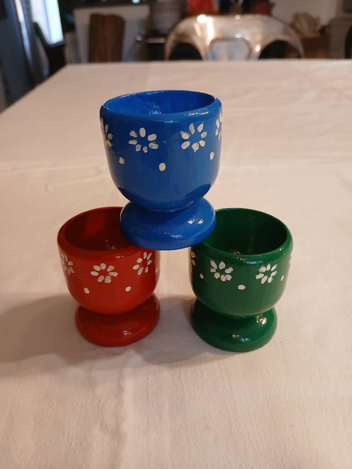 3 old wooden egg cups