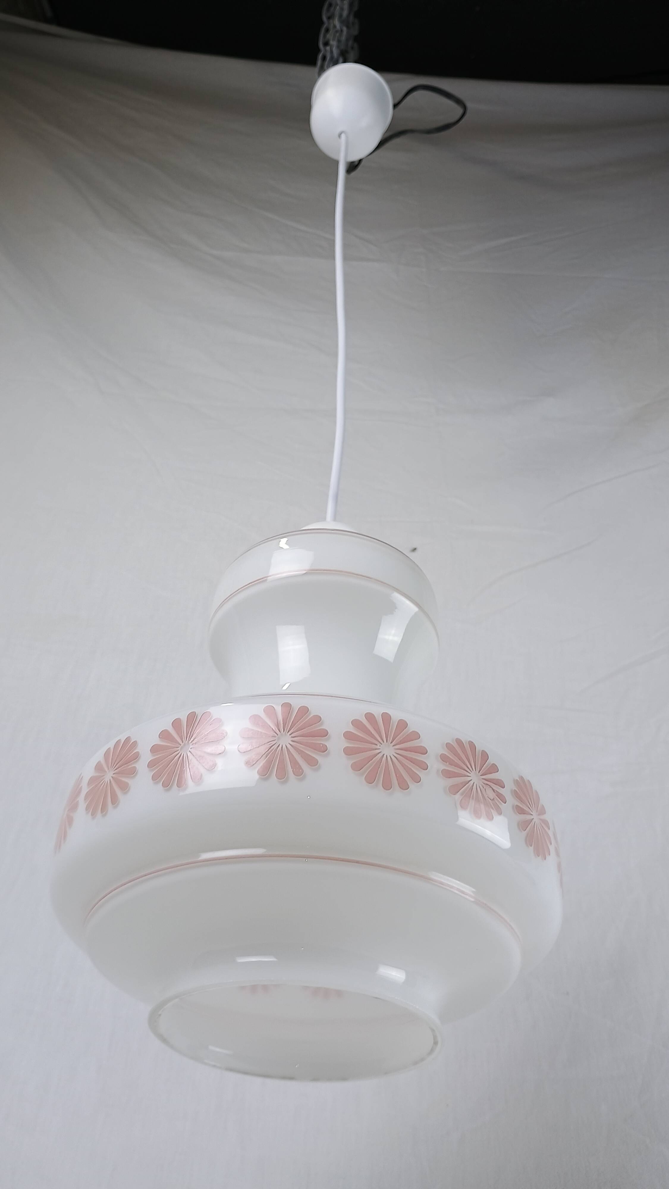 Vintage French pendant light in cream-white glass with pink flowers