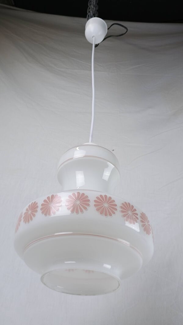 Suspension Francaise vintage verre blanc crème à fleur rose
