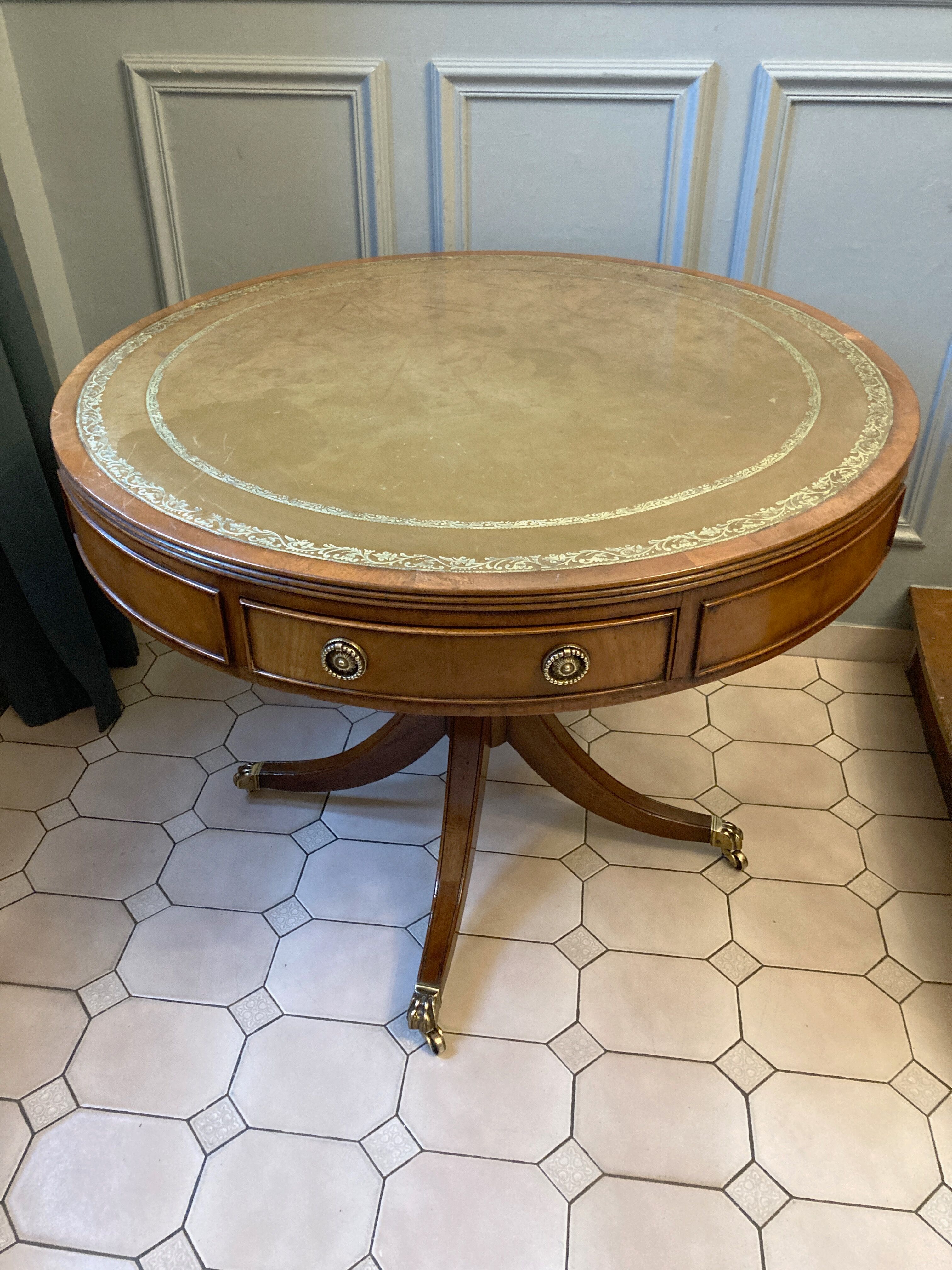 Old drum table 1900 cherry leather and brass