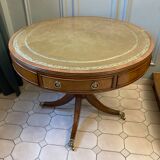 Table tambour 1900  merisier cuir et laiton
