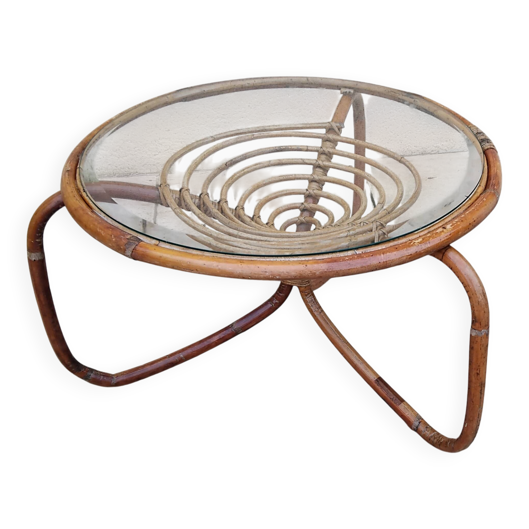 Vintage wicker and glass coffee table