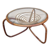 Table basse osier et verre vintage